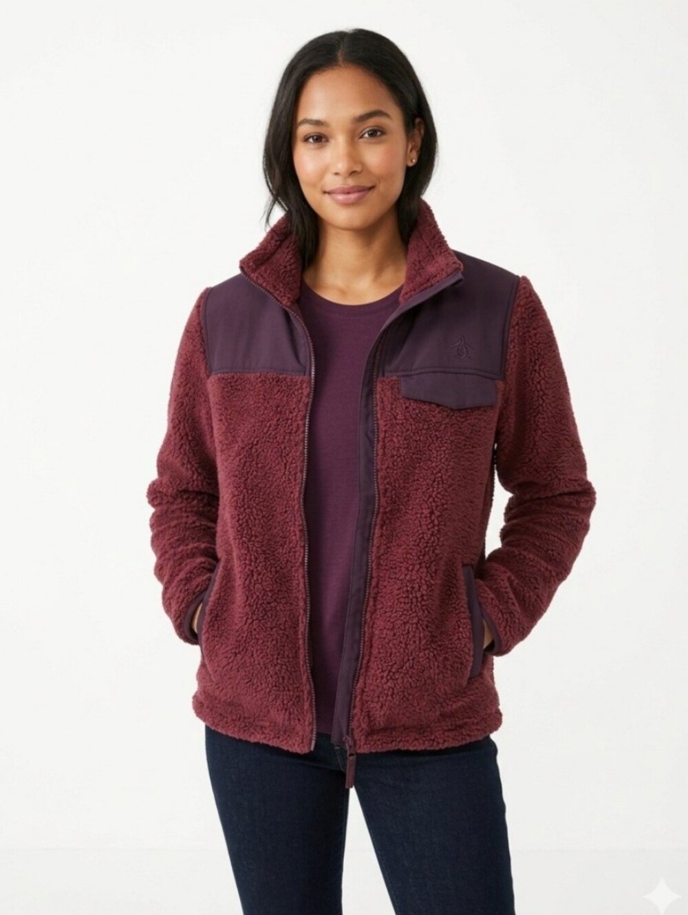Cozy Sherpa Jacket in Burgundy - Women